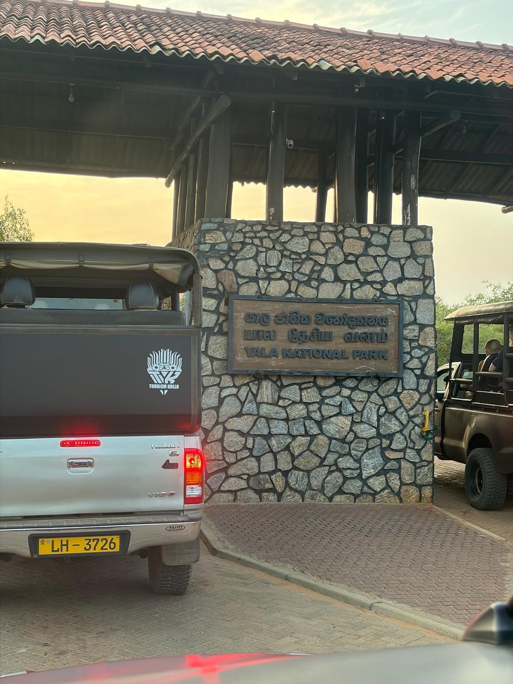 Safari jeeps at the Yala National Park entrance in Sri Lanka