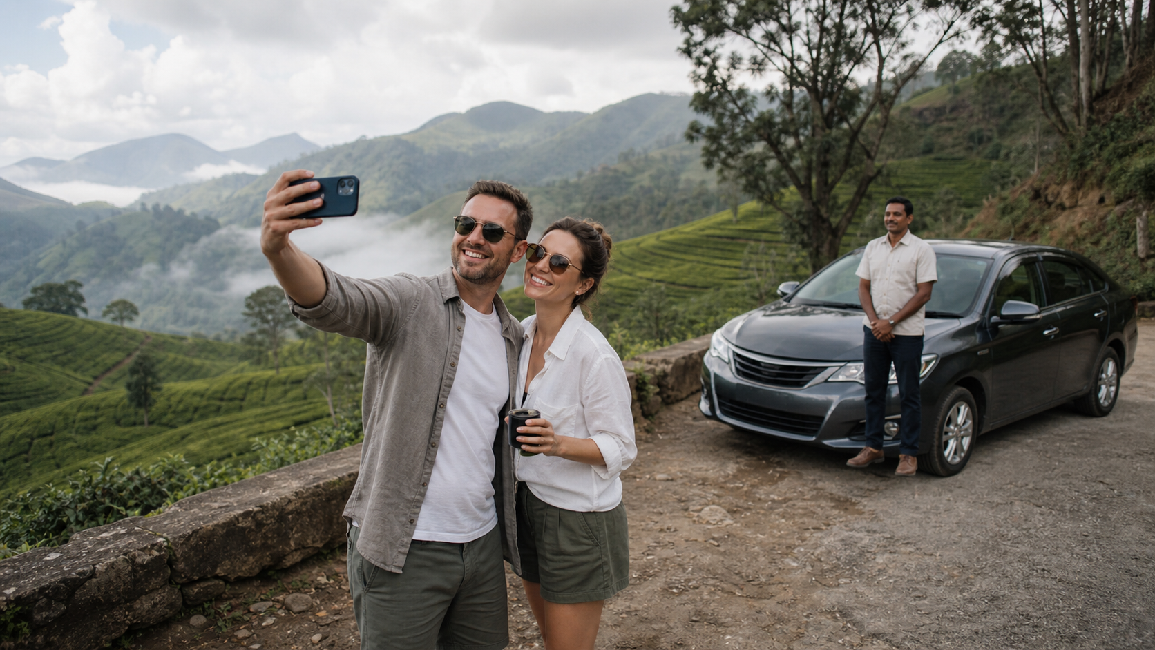 A honeymoon couple taking a flexible private-car photo stop in Sri Lanka hill country