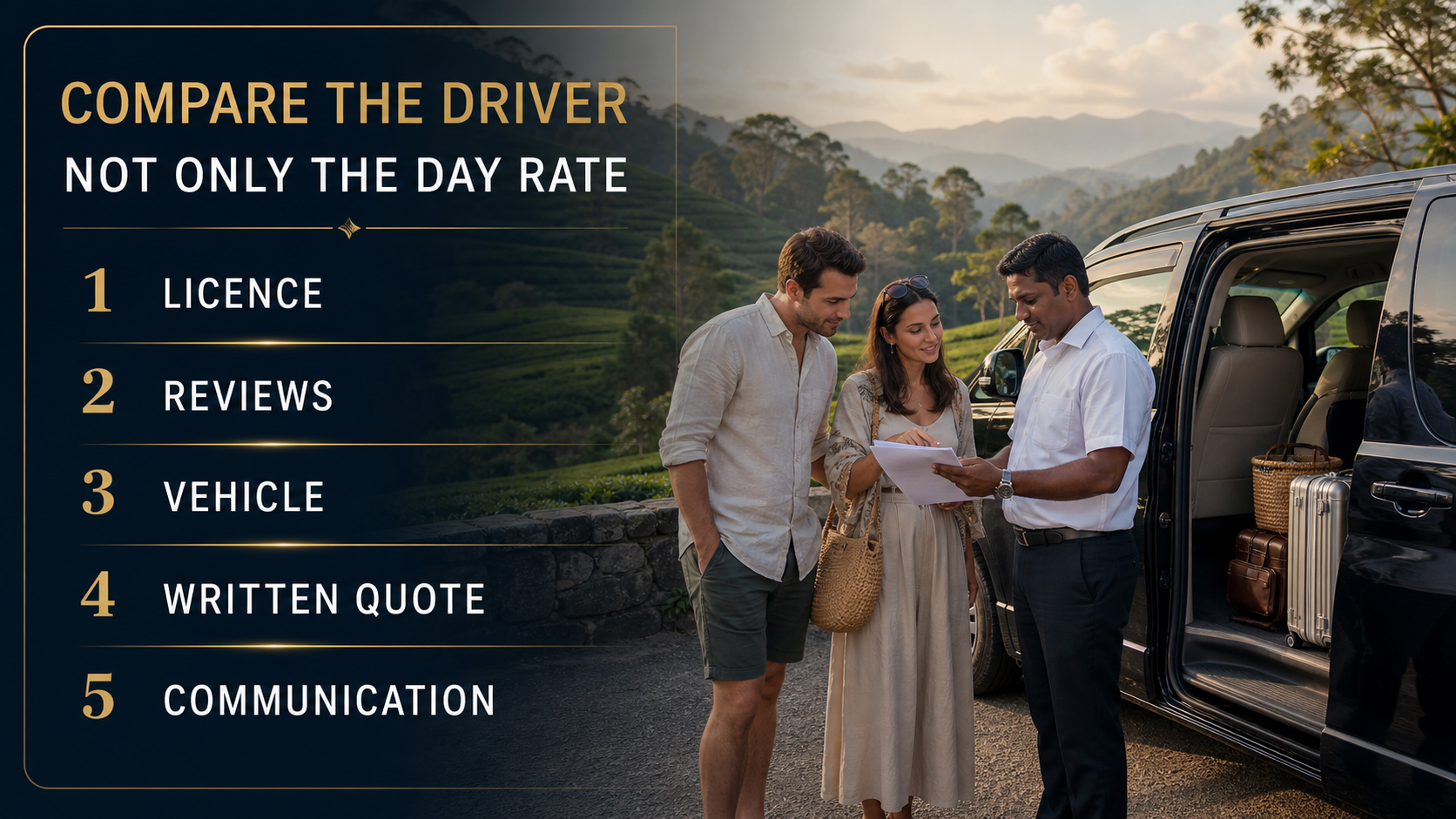 LankaRide checklist for comparing Sri Lanka private driver profiles and quotes
