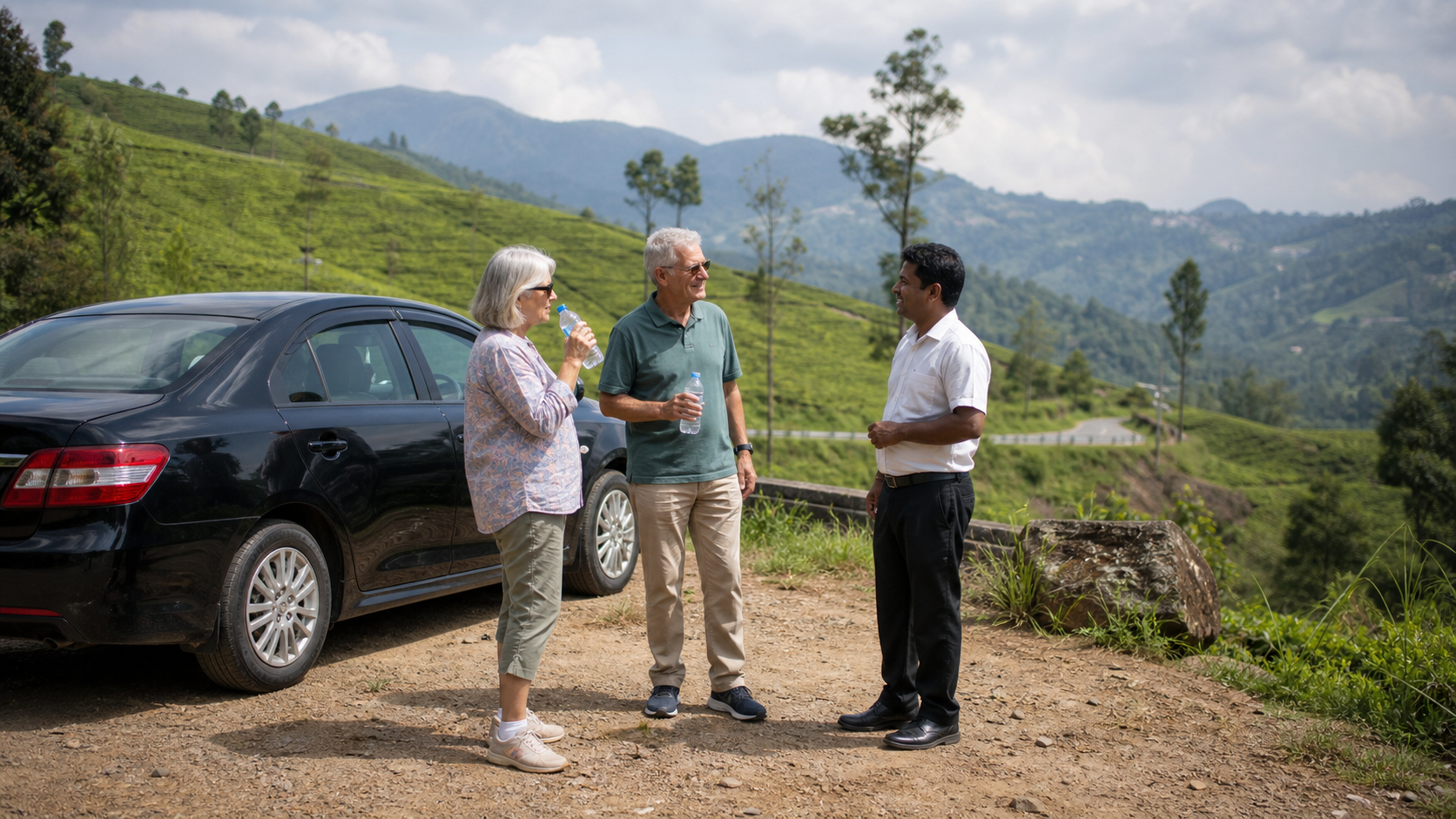 Older travellers taking a planned rest break with their private driver in Sri Lanka hill country