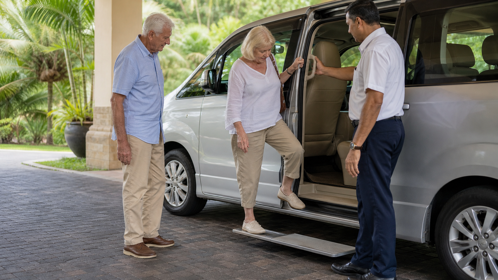 Older traveller checking the step height and grab handle of a Sri Lanka private minivan