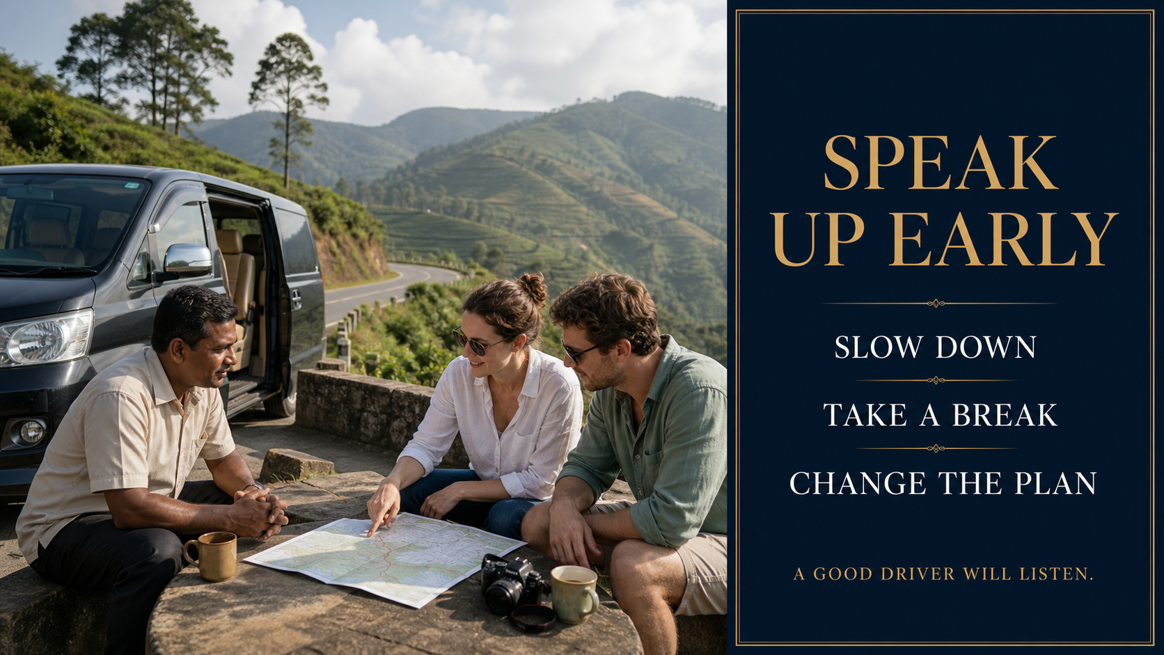 Travellers discussing a slower route and rest break with a Sri Lanka private driver