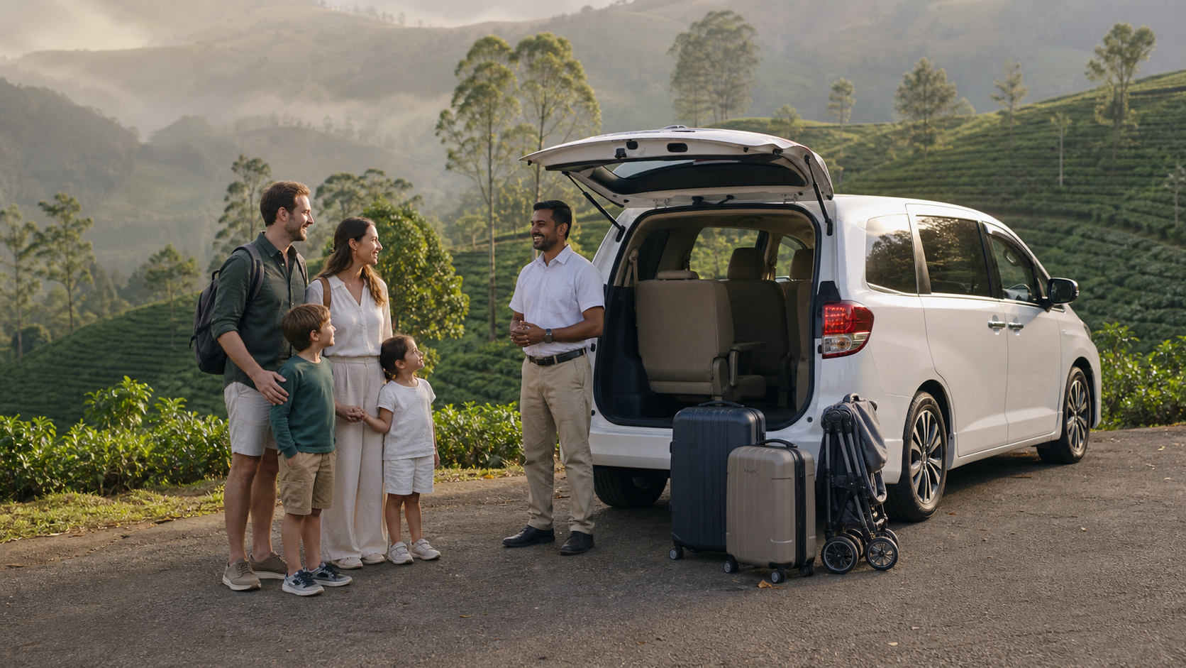Family meeting a private driver beside a minivan in Sri Lanka tea country