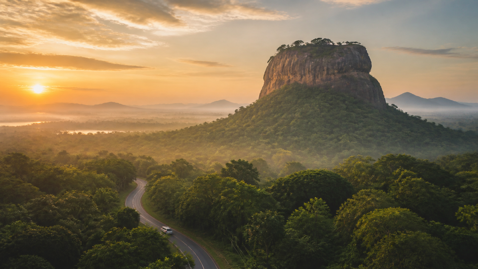 Sigiriya Rock at sunrise above Sri Lanka’s tropical landscape