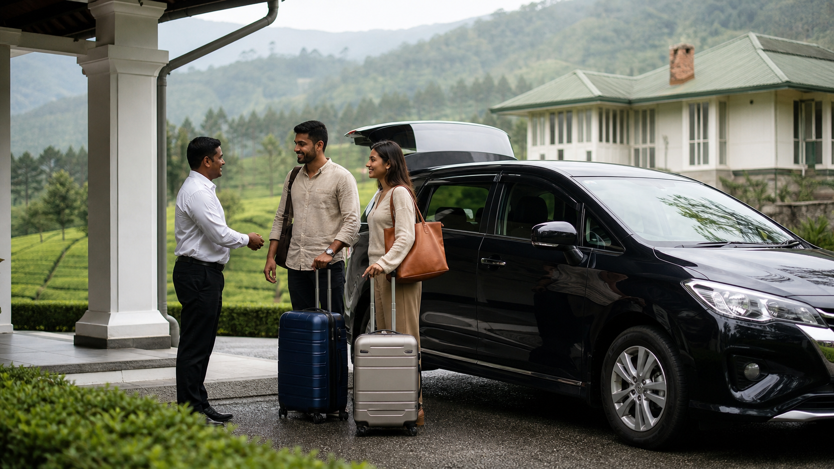 A couple meeting their private driver beside a comfortable car at a Sri Lanka tea-country hotel