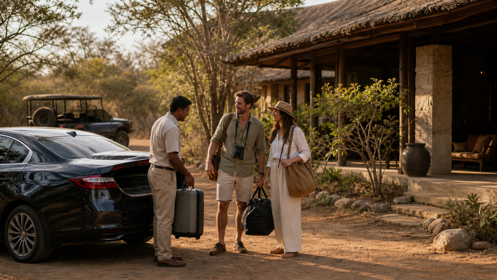 A couple arriving with their private driver at a safari lodge near Yala in Sri Lanka