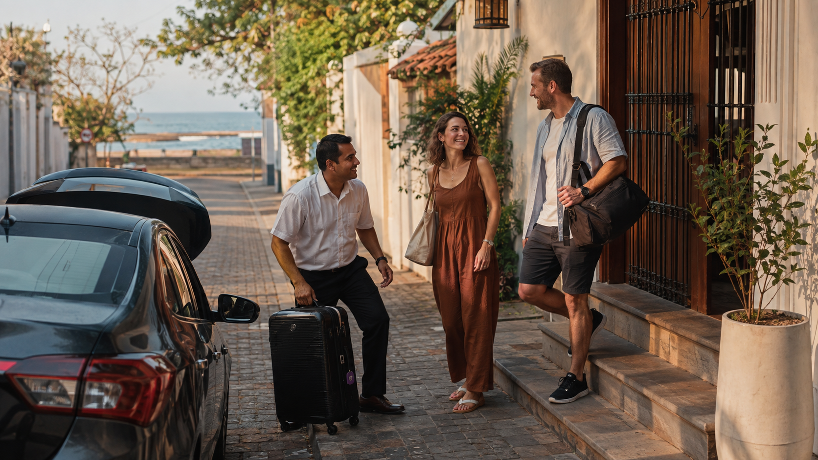 Travellers arriving with their private driver near Galle at the end of a two-week Sri Lanka route