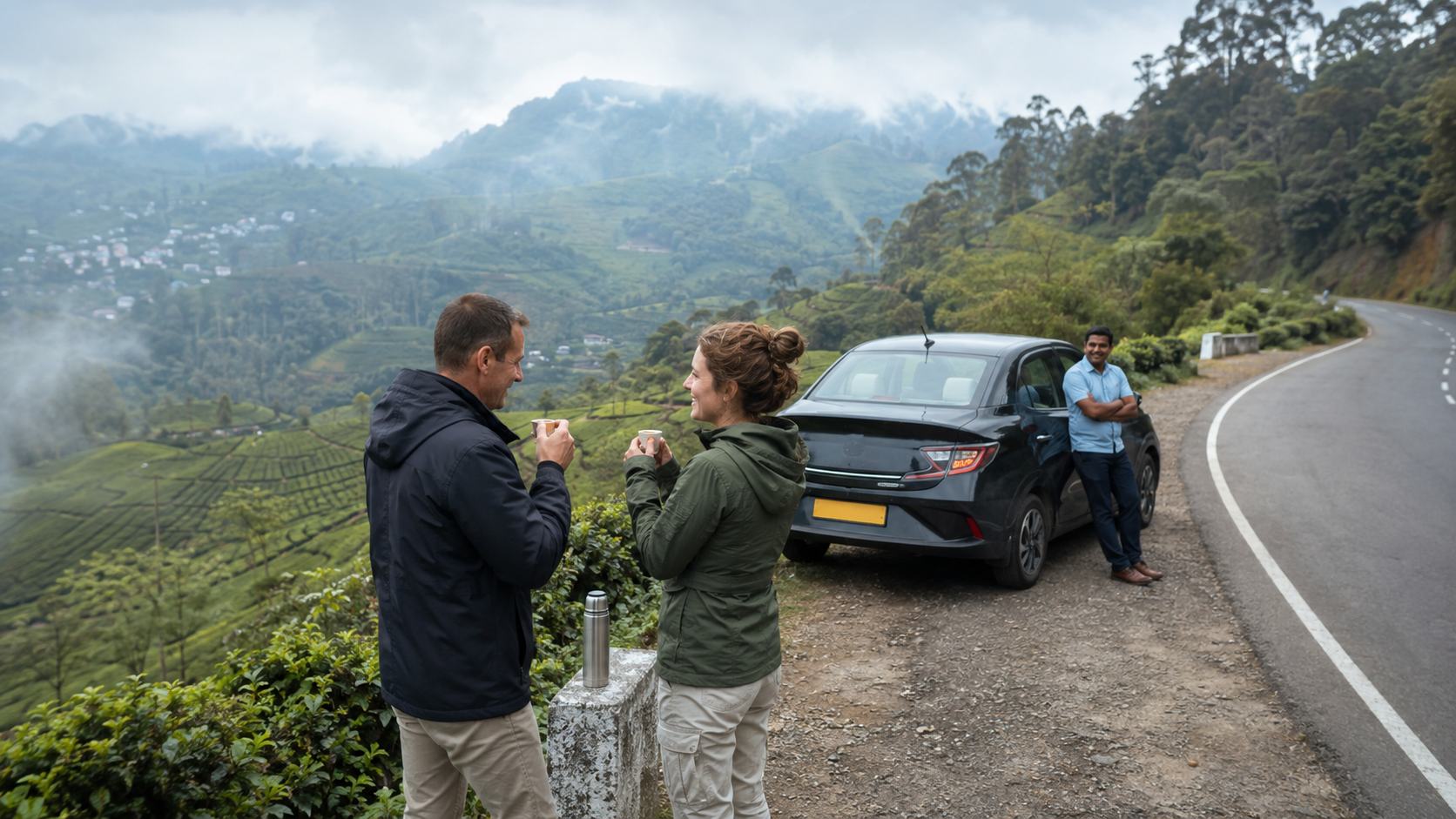 Travellers taking a tea-country road break with their private driver in Sri Lanka