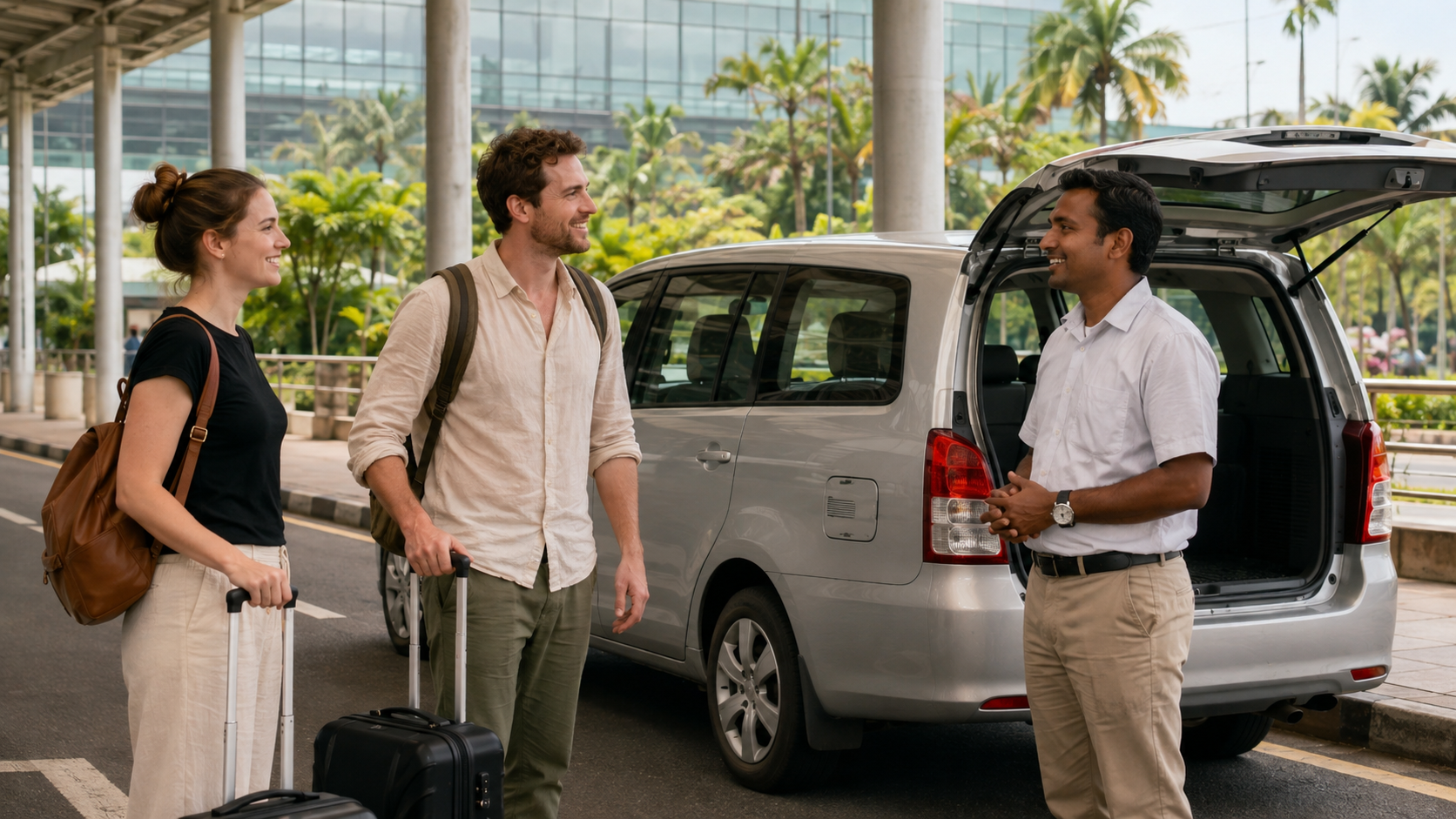 Travellers meeting their private driver at the airport for a five-day Sri Lanka itinerary