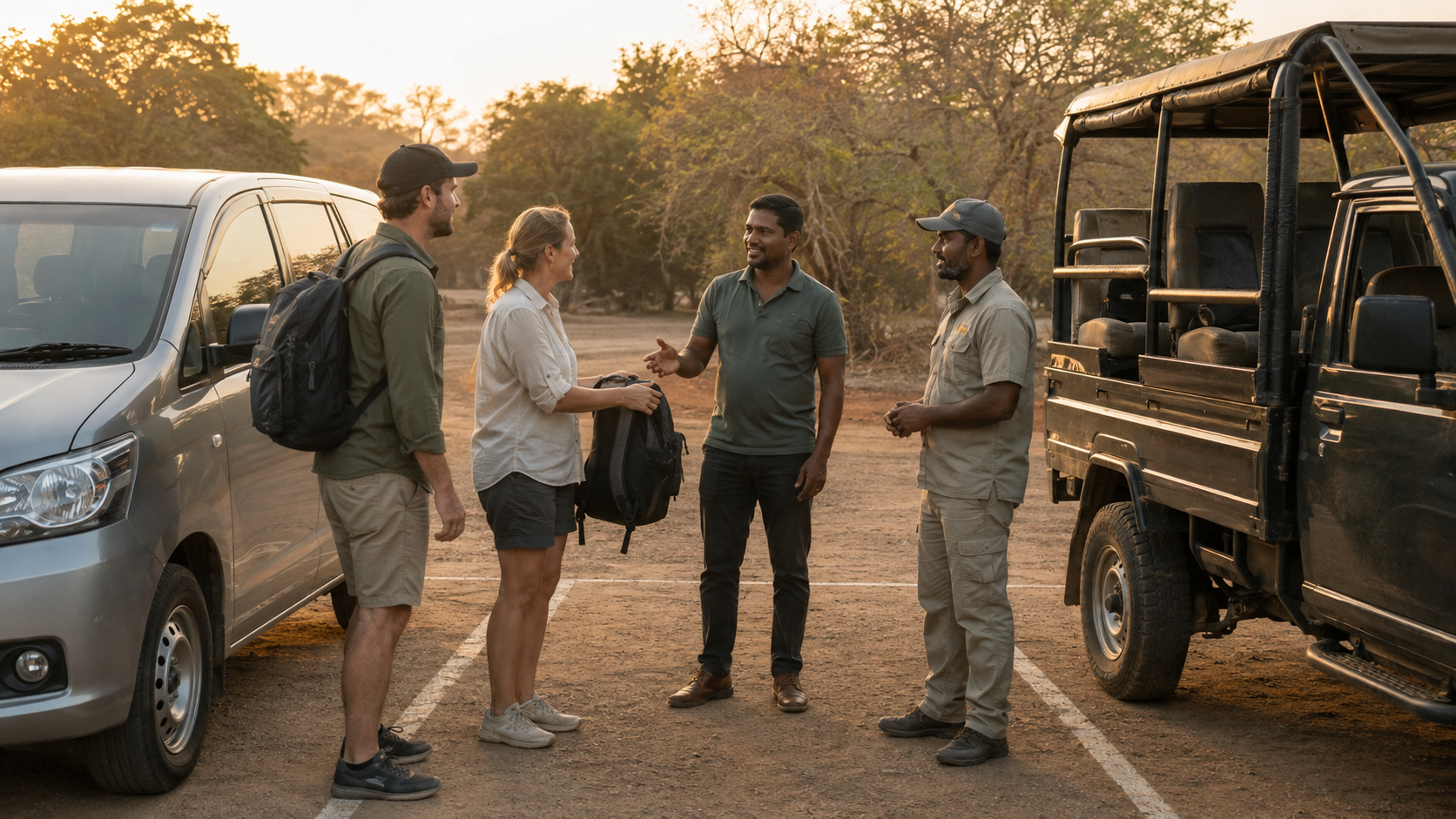Travellers transferring from their private touring vehicle to a separate Sri Lanka safari jeep