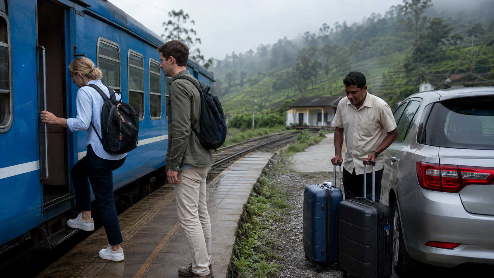 Travellers boarding a tea-country train while their Sri Lanka private driver keeps the main luggage